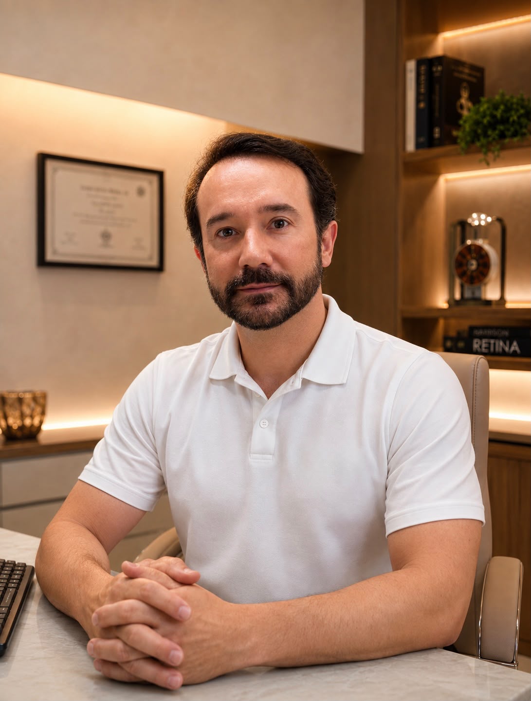 Dr. Alan Antunes, oftalmologista cirurgião, em seu consultório